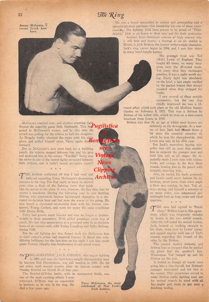 Boxing News Clipping #716 - Jimmy McLarnin, Terry McGovern, Jack McAuliffe, Mickey Walker