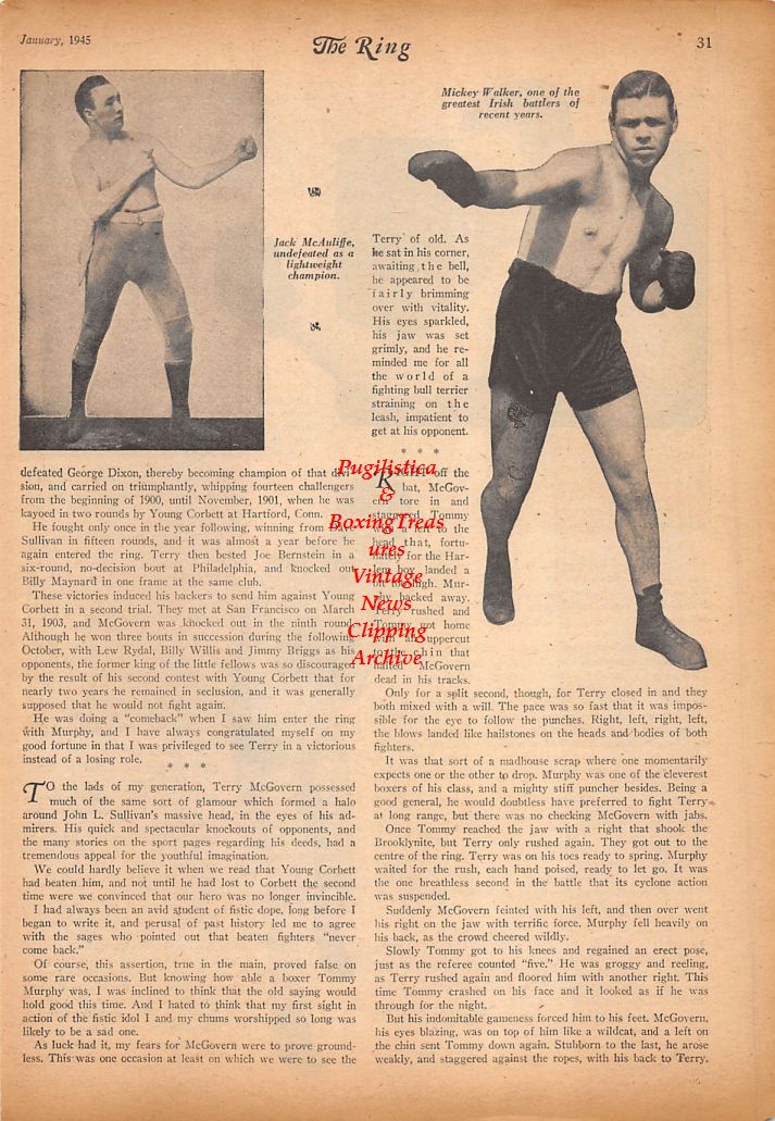 Boxing News Clipping #716 - Jimmy McLarnin, Terry McGovern, Jack McAuliffe, Mickey Walker