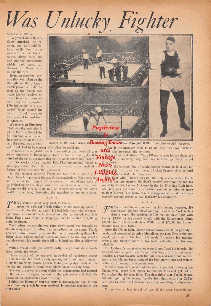 Boxing News Clipping #719 - Frank Moran vs. Jess Willard, Bombardier Billy Wells