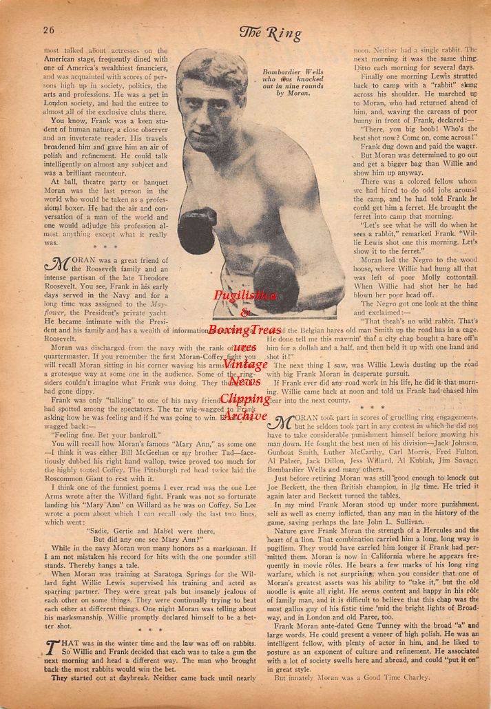 Boxing News Clipping #719 - Frank Moran vs. Jess Willard, Bombardier Billy Wells