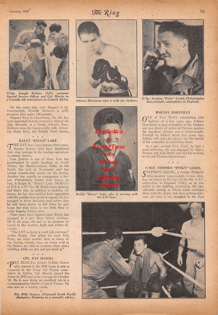 Boxing News Clipping #722 - Military Boxers, Joseph Rubino, Johnny Horstman, Pinky Godel, Rocco Lake, Billy Strauss, Pete Baltran, Geremia Paraggio, Jackie Flowers and others