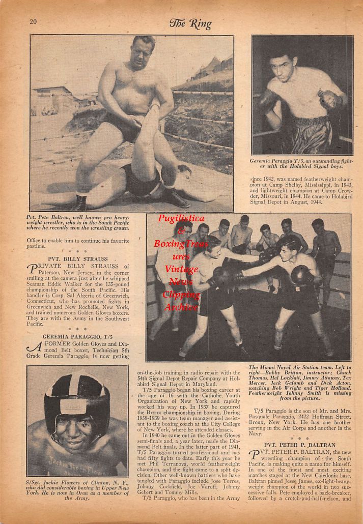 Boxing News Clipping #722 - Military Boxers, Joseph Rubino, Johnny Horstman, Pinky Godel, Rocco Lake, Billy Strauss, Pete Baltran, Geremia Paraggio, Jackie Flowers and others