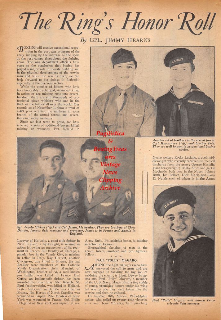 Boxing News Clipping #723 - Carl and Pete Muscarnera, Angelo and James Mirena (Dundee), Polly Magaro, Nat Litfin, Prentiss Hall