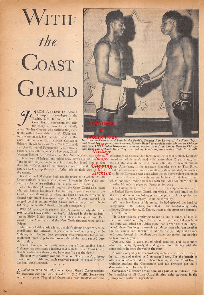 Boxing News Clipping #724 - WWII Military Boxing, Ray Lowry, Joseph Evans, Jack Sostrin, John Snyder and Others