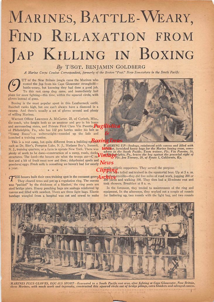 Boxing News Clipping #73 - 1944 Boxing Marines, Vin Panetta, Joe Tierney, New Britain Island, John C. Riddle, Lawrence A. McCarter, Chief Quinton, Dick McGinn