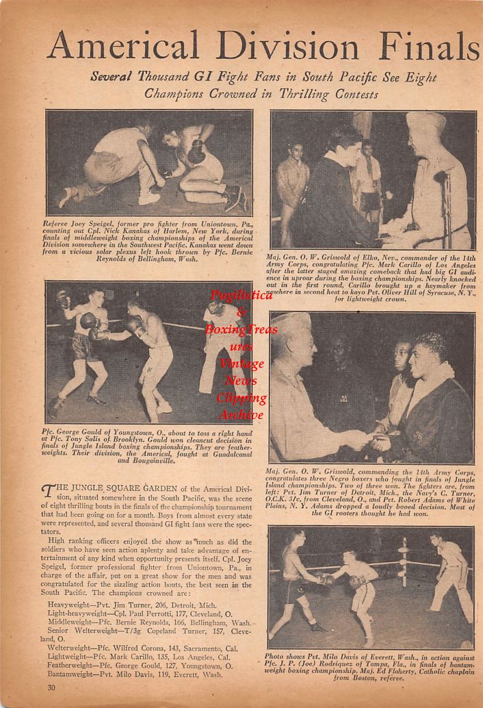 Boxing News Clipping #734 - WWII Military Boxing, Joey Speigel, George Gould, Willie Roach, Milo Davis, Baby Giles, Walt Hoosier and many others