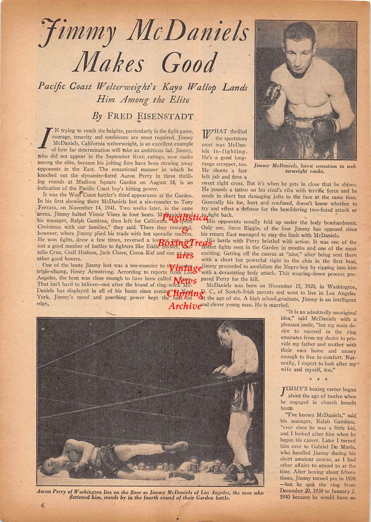 Boxing News Clipping #74 - Jimmy McDaniels, Don Sauer, Billy Verdon, Albert J. Larkins, Elmer J. Himkle, Harvey Miller, James Burnett, John Zarveleski, Aaron Perry and Others