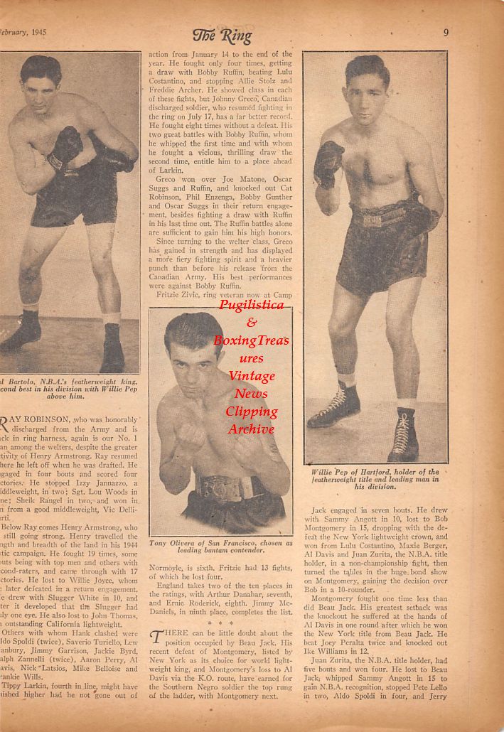Boxing News Clipping #741 - Sal Bartolo, Tony Olivera, Willie Pep, Manuel Ortiz