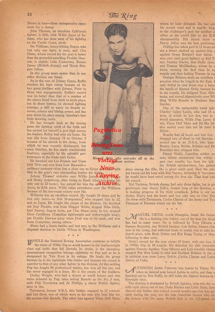 Boxing News Clipping #741 - Sal Bartolo, Tony Olivera, Willie Pep, Manuel Ortiz
