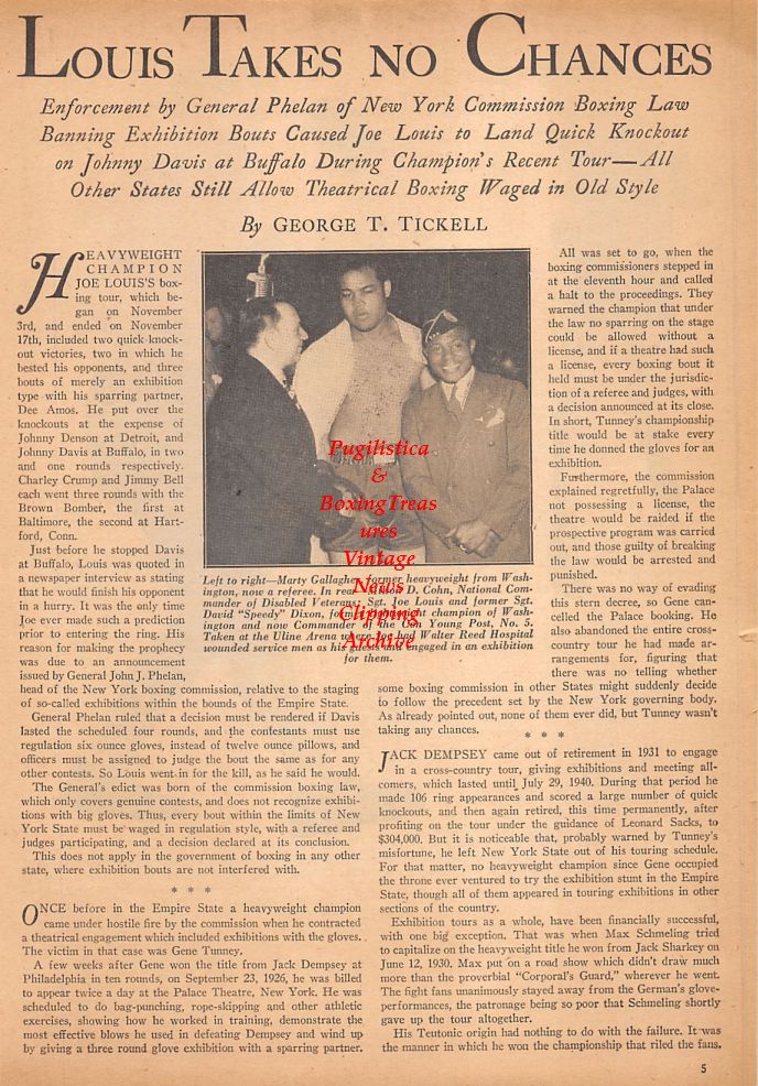 Boxing News Clipping #748 - Joe Louis Exhibition, Marty Gallagher, Speedy Dixon, Primo Carnera, Jack Dempsey