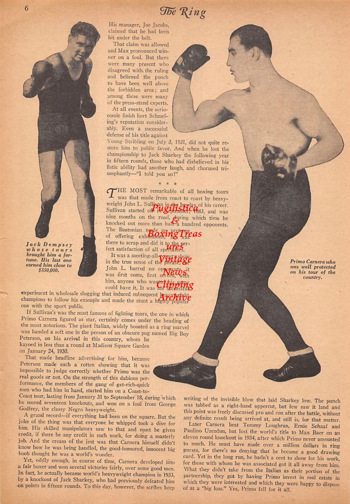 Boxing News Clipping #748 - Joe Louis Exhibition, Marty Gallagher, Speedy Dixon, Primo Carnera, Jack Dempsey