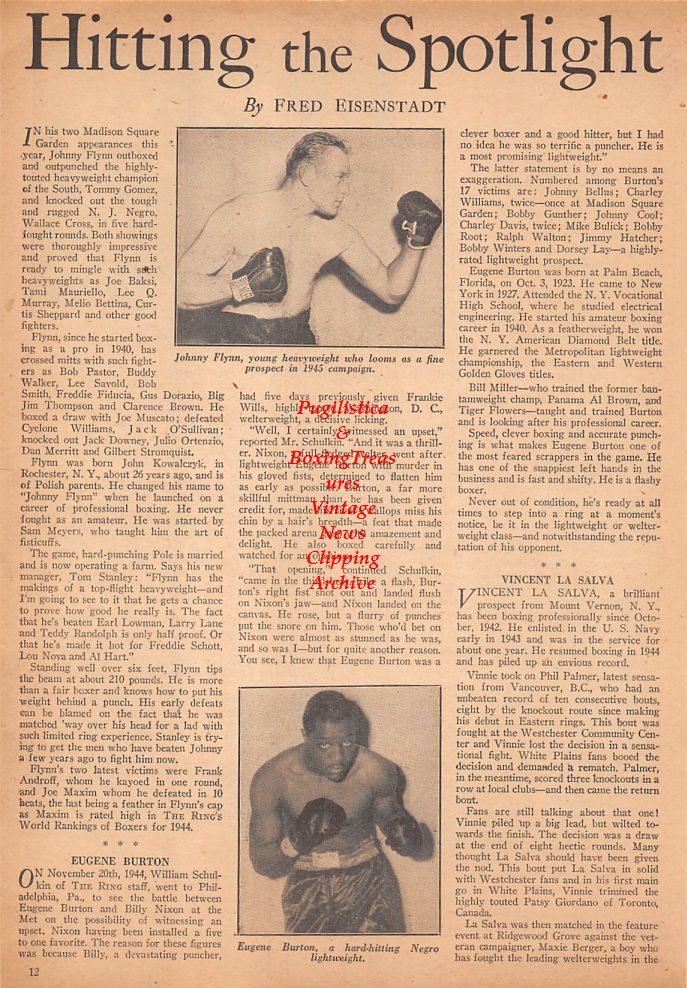 Boxing News Clipping #751 - Johnny Flynn, Eugene Burton, Rocky Graziano vs. Harold Green