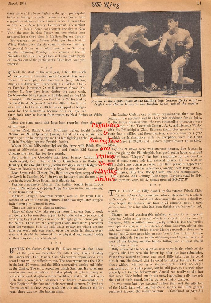 Boxing News Clipping #751 - Johnny Flynn, Eugene Burton, Rocky Graziano vs. Harold Green