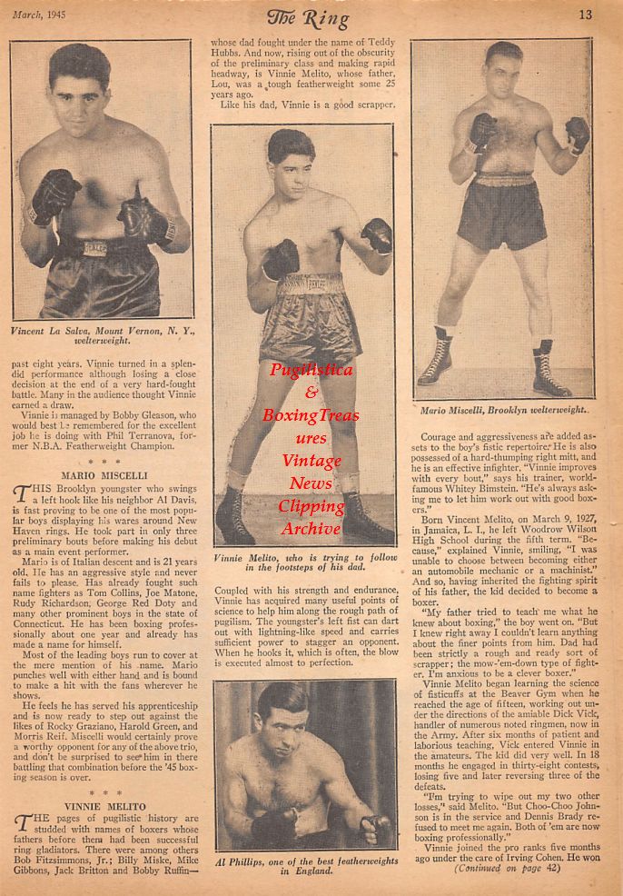 Boxing News Clipping #752 - Vincent LaSalva, Vinnie Melito, Mario Miscelli, Al Phillips, Owen Moran vs. Abe Attell