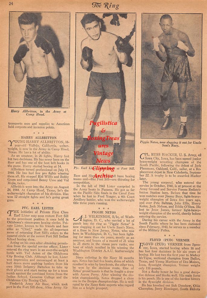 Boxing News Clipping #756 - Harry Allbritton, Earl Lister, Piggie Netos, Greenville Army Air Base Team, Edwin Lampner, Johnny Miller, Frank LaComba