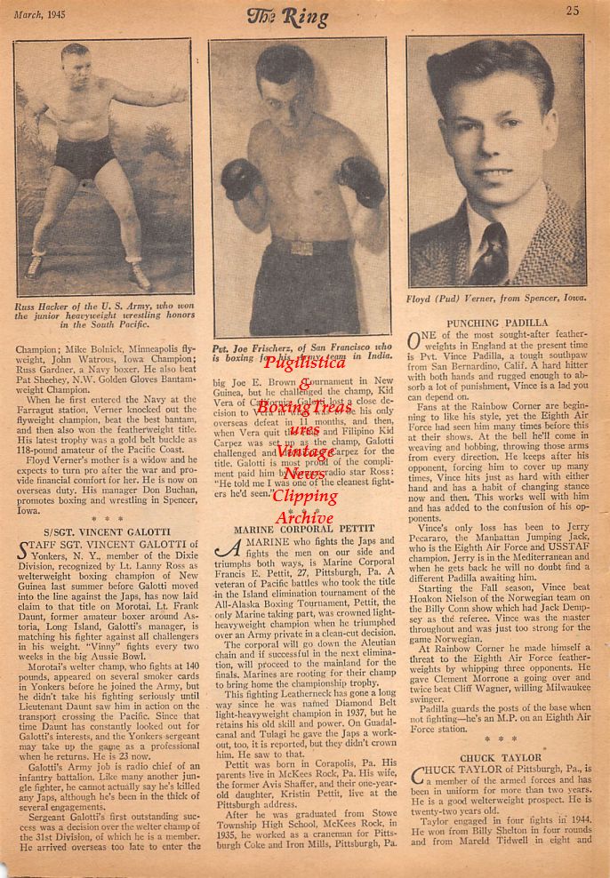 Boxing News Clipping #757 - Edward Podles, Bill Kingsland, H.H. Wilkins, Vince Padilla, Murray Cain, Ernie Schexnayder, Chuck Taylor, John Zarosik, Russ Hacker, Joe Frischerz, Floyd Verner