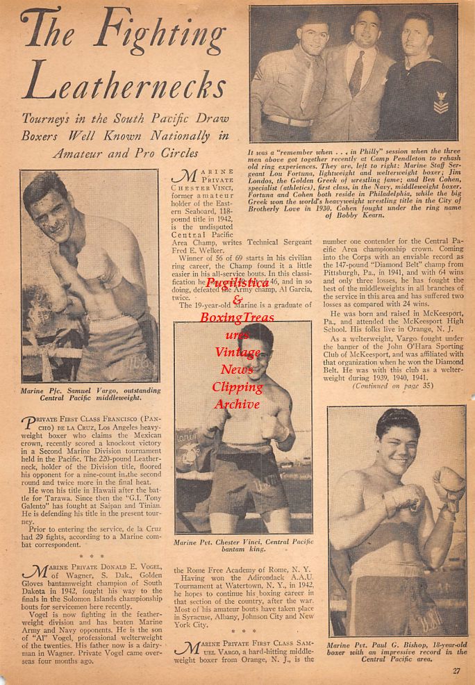 Boxing News Clipping #758 - WWII Marine Boxers, Samuel Vargo, Chester Vinci, Paul Bishop, Kenneth Johnson, Lou Jiminez and others