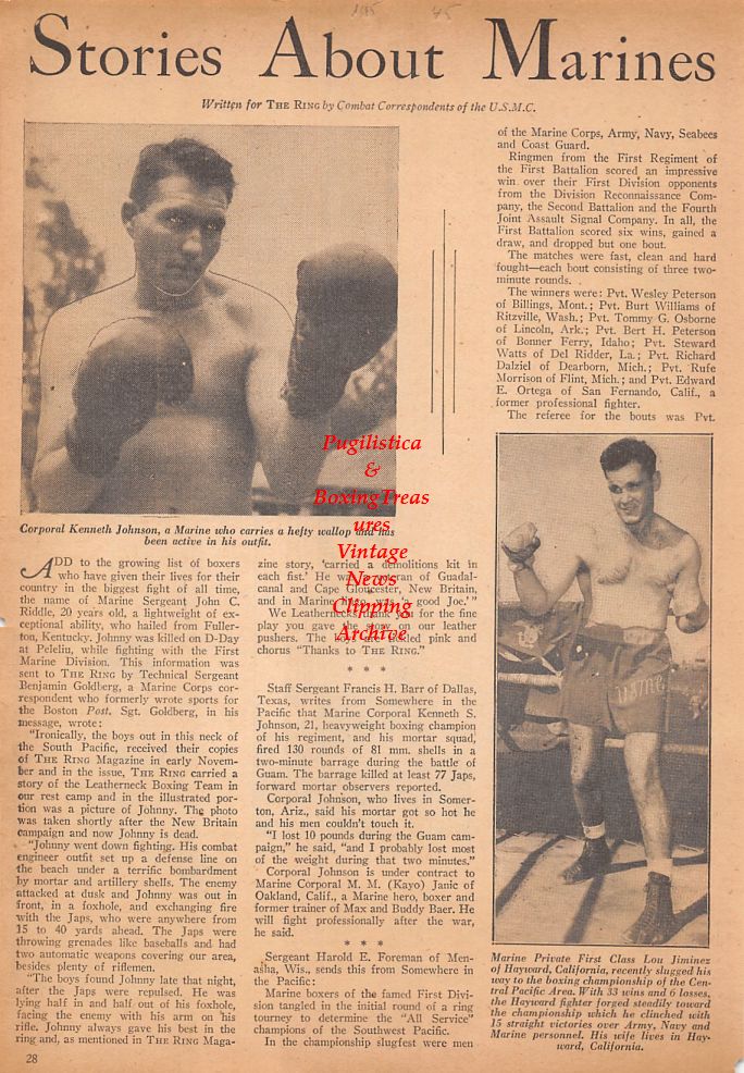 Boxing News Clipping #758 - WWII Marine Boxers, Samuel Vargo, Chester Vinci, Paul Bishop, Kenneth Johnson, Lou Jiminez and others