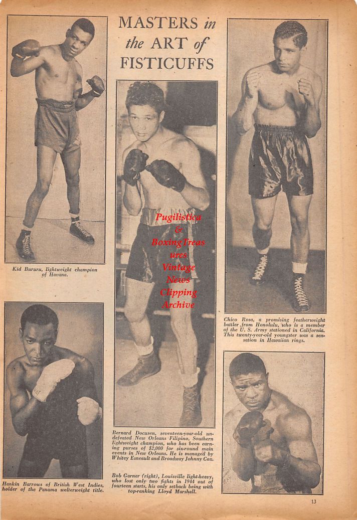 Boxing News Clipping #765 - Kid Bururu, Hankin Barrows, Bernard Docusen, Bob Garner, Chico Rosa, Johnny Owens vs. Francis Whelihan, Ralph Mintz vs. Jess Jones and others