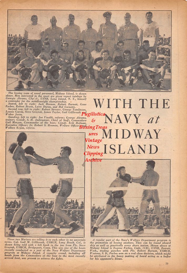 Boxing News Clipping #767 - Jimmy Mills, Pat Giordano, Irving Palefsky, Navy Boxing at Midway Island