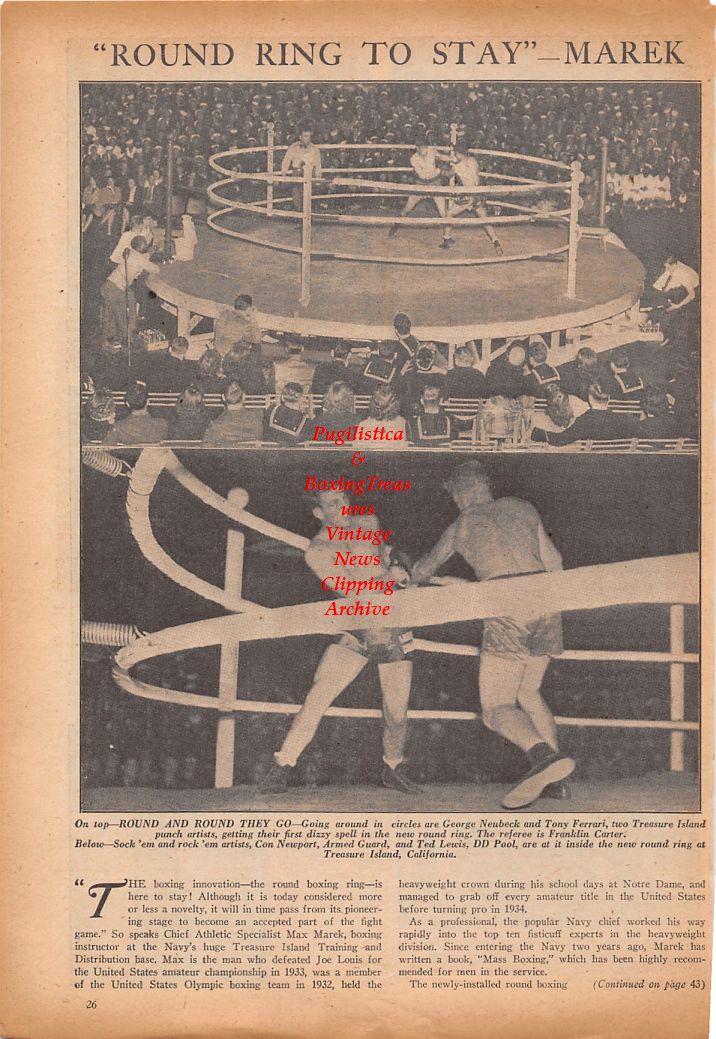 Boxing News Clipping #769 - WWII Military Boxing, Round Boxing Ring, George Neubeck, Tony Ferrari, John Little, Willie King, Rogers Ford, Ralph Belew and others