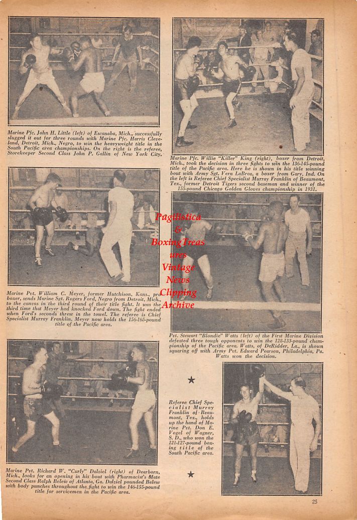 Boxing News Clipping #769 - WWII Military Boxing, Round Boxing Ring, George Neubeck, Tony Ferrari, John Little, Willie King, Rogers Ford, Ralph Belew and others