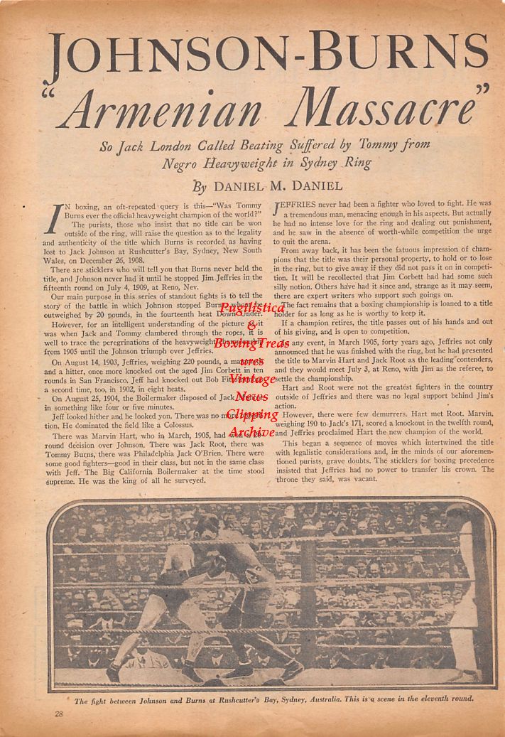 Boxing News Clipping #770 - Jack Johnson vs. Tommy Burns, WWII Military Boxing in South Pacific