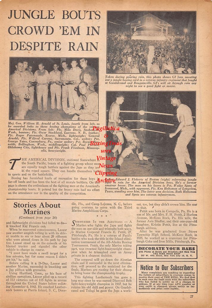 Boxing News Clipping #770 - Jack Johnson vs. Tommy Burns, WWII Military Boxing in South Pacific