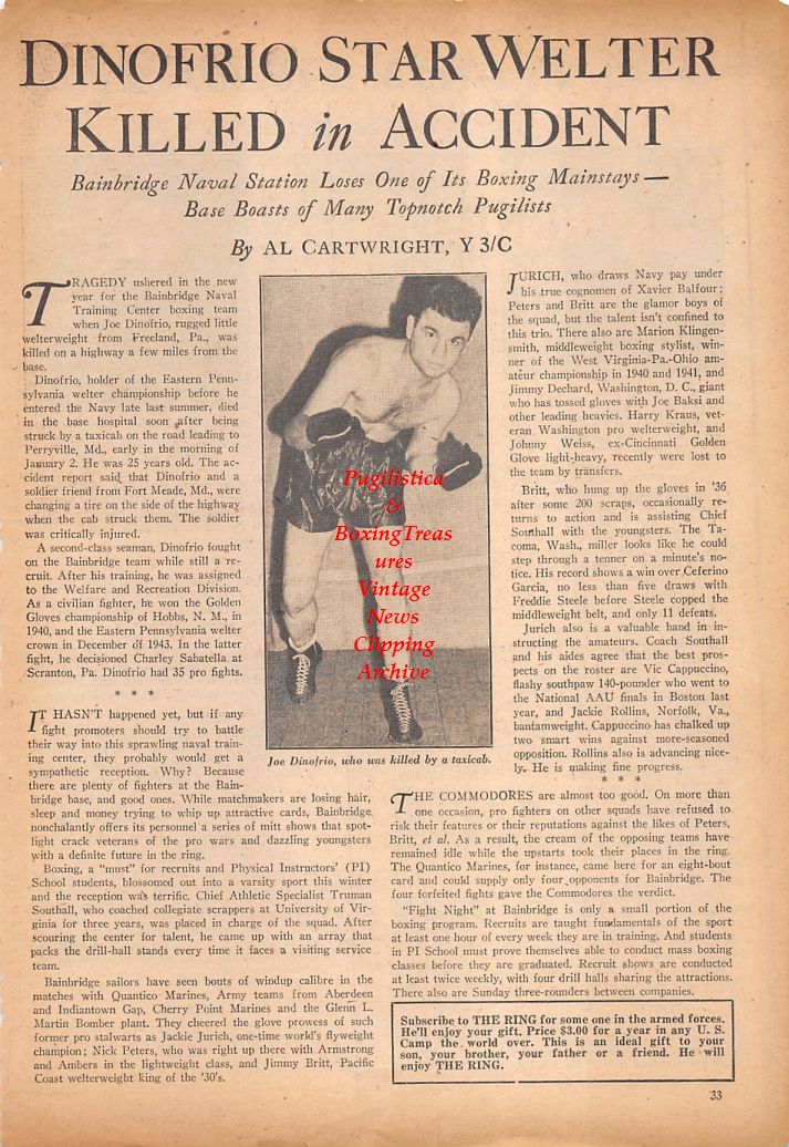 Boxing News Clipping #773 - Joe Dinofrio, George Stangelo, Eddie Flores, Wine O' Bill Sawyer, Jack LaSalle