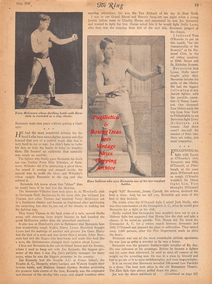 Boxing News Clipping #784 - Terry McGovern, Dave Sullivan, Admiral William R. Munroe, A. Benuski, J.L. Ferber, "King" VeLong, W.A. Spangler, Terry Kleeman, O.A. Guillow, K.O. Hoak, E.F. Kenney, K.O. Hoak vs. Shearburn, Norm Blumenthal, Frankie Caruso ++