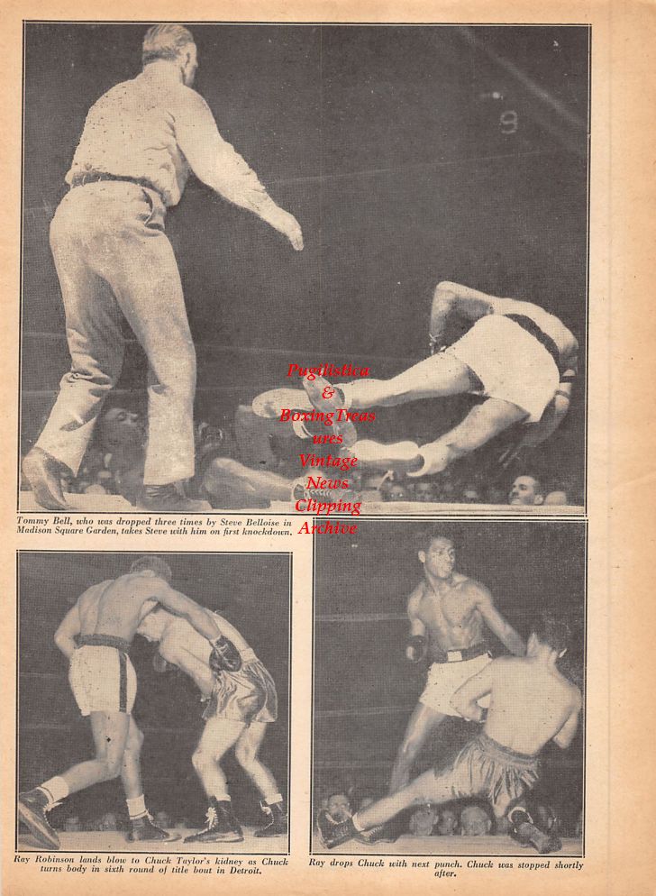Boxing News Clipping #793 - Sugar Ray Robinson vs. Chuck Taylor, Tommy Bell vs. Steve Belloise, Tommy Burns (WW), Sandy Saddler, Humberto Sierra