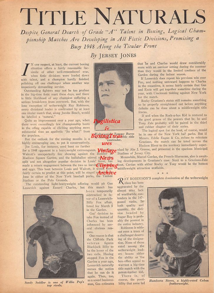 Boxing News Clipping #793 - Sugar Ray Robinson vs. Chuck Taylor, Tommy Bell vs. Steve Belloise, Tommy Burns (WW), Sandy Saddler, Humberto Sierra