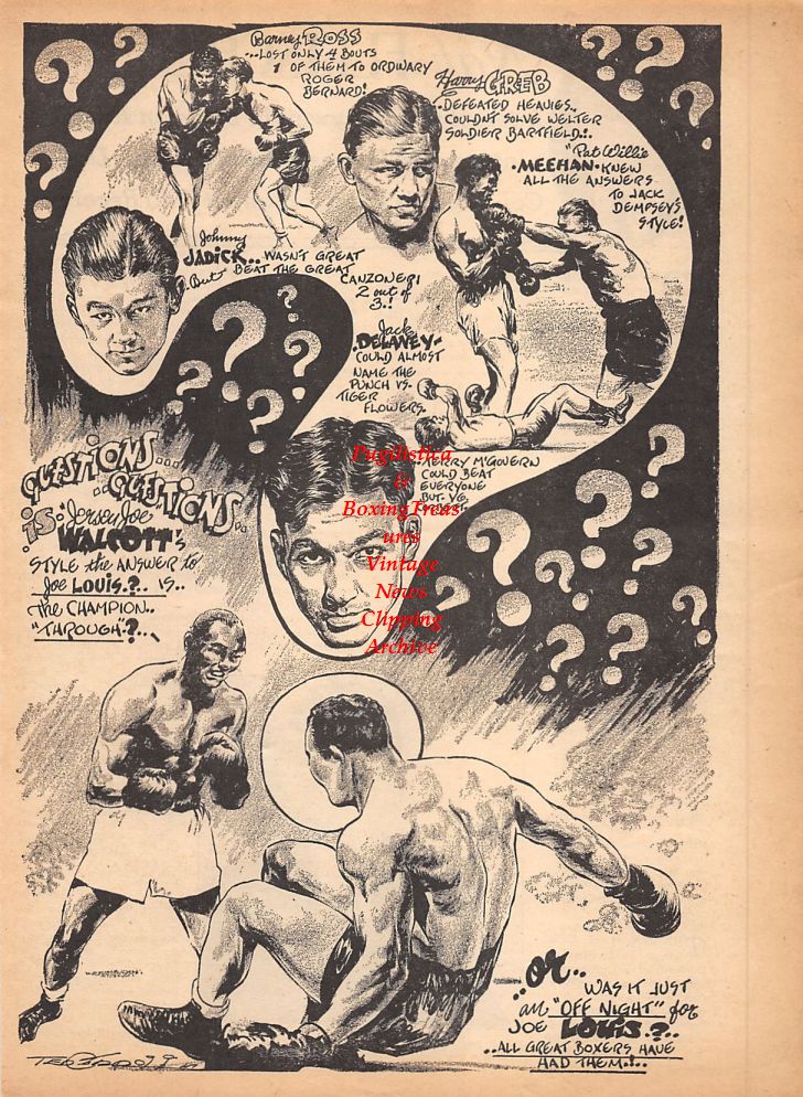 Boxing News Clipping #796 - Ted Carroll Cartoon, Jersey Joe Walcott, Harry Greb, Eddie Eagan and others