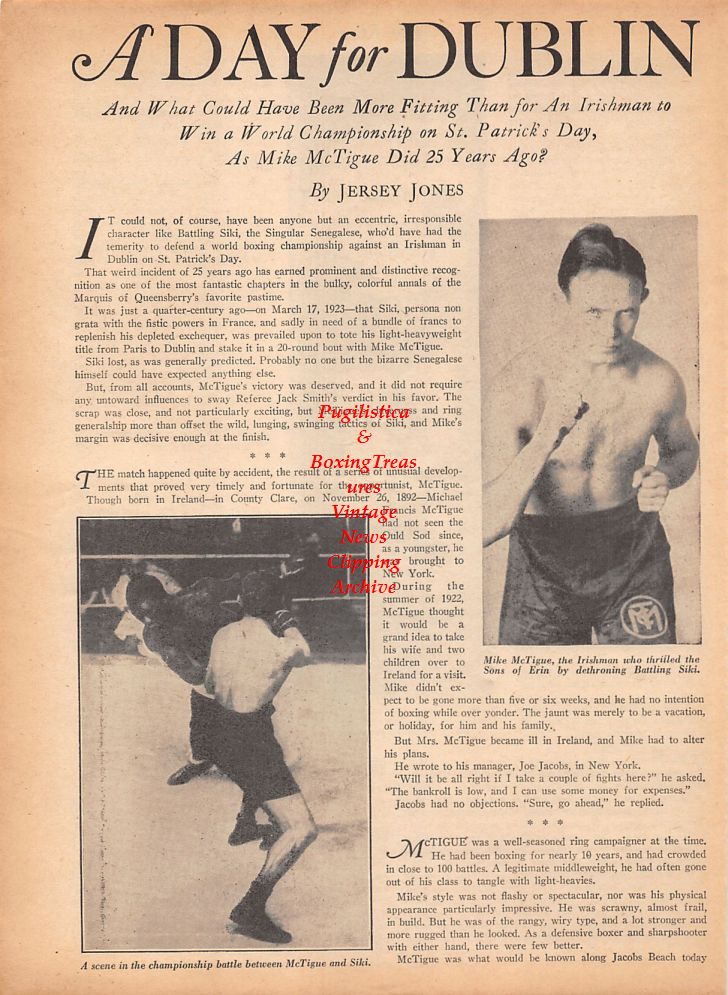 Boxing News Clipping #797 - Mike McTigue vs. Battling Siki, Jackie Cranford