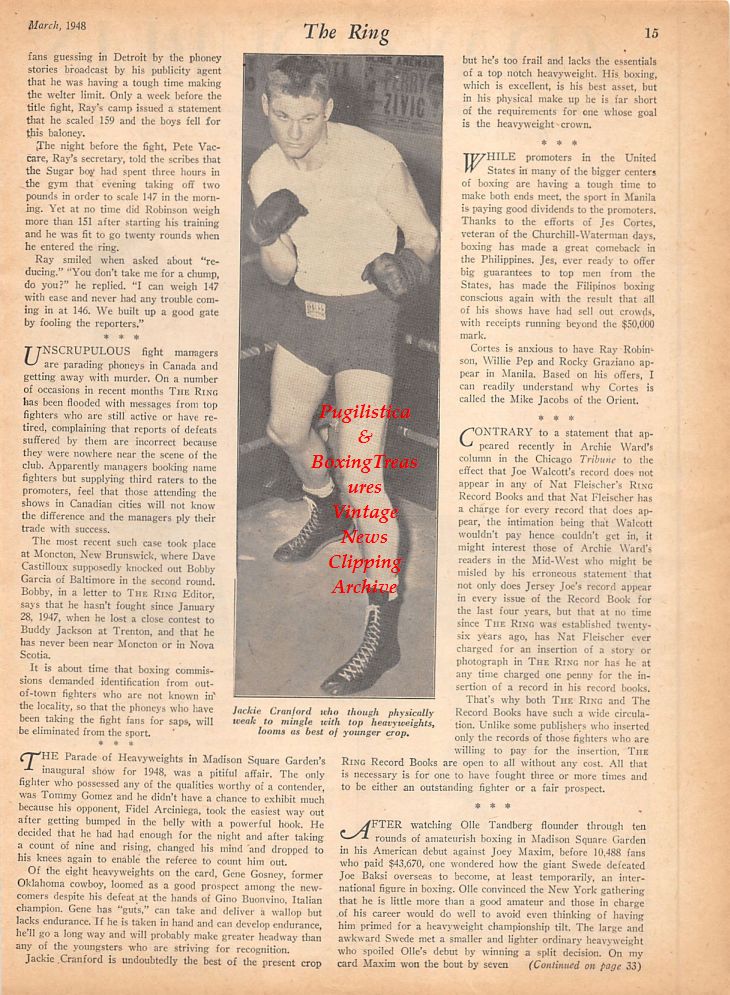 Boxing News Clipping #797 - Mike McTigue vs. Battling Siki, Jackie Cranford