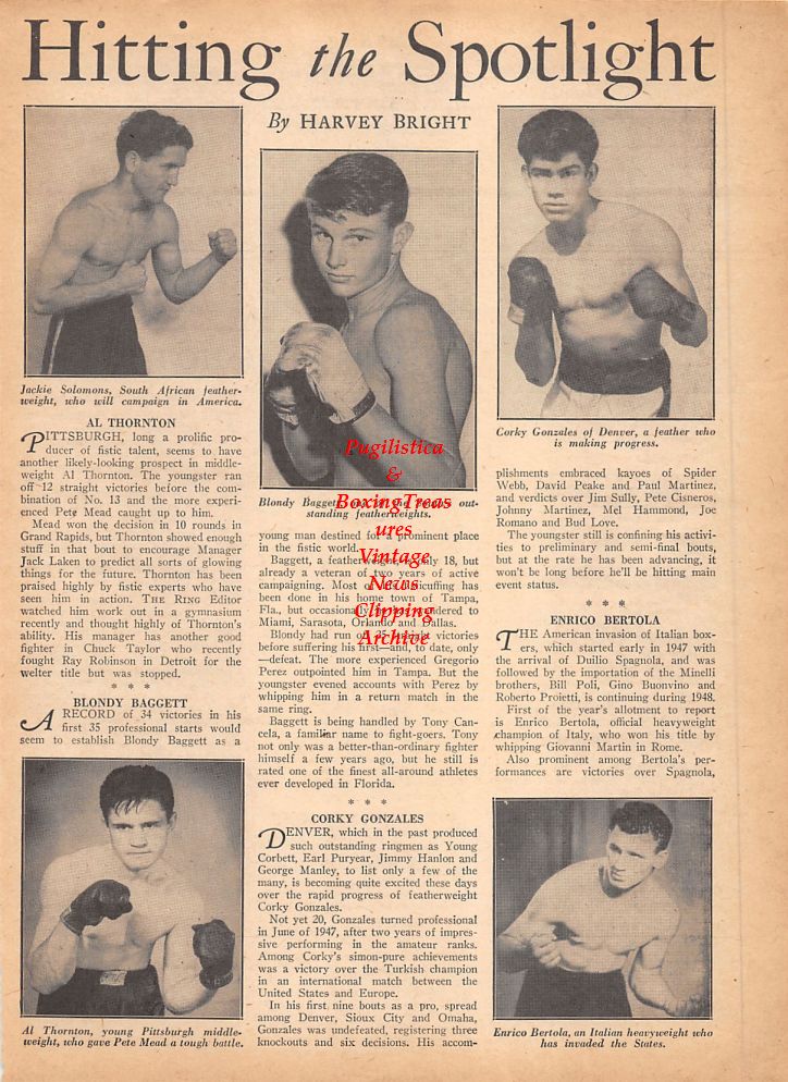 Boxing News Clipping #805 - Jackie Solomons, Blondy Baggett, Corky Gonzales, Al Thornton, Enrico Bertola