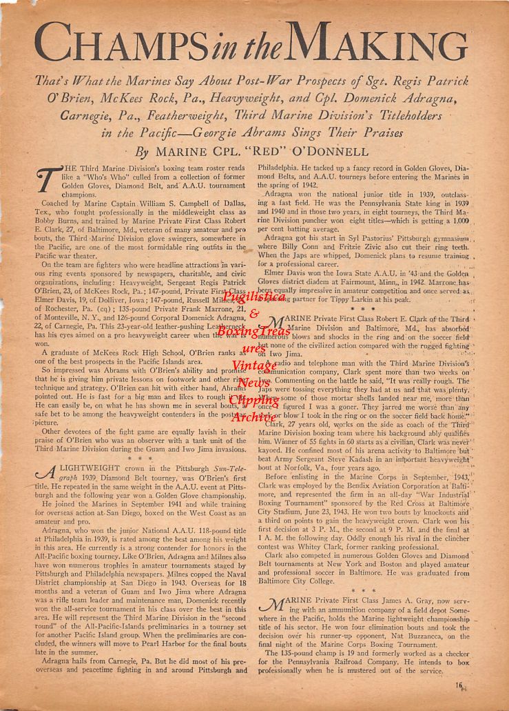 Boxing News Clipping #809 - WWII "Marine Boxing Aces" LaVerne Roach, Joe Rindone, Harold Anspach and others