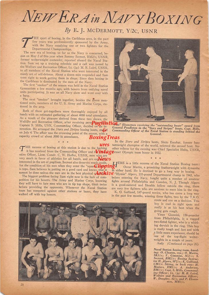 Boxing News Clipping #81 - Pete Ekonomos, Naval Station Boxing Team with O. Claxton, O. Martin, V. Giannini, H. Alpers, K. Alliand, H. Masters, A. Anderson, M.R. Laird, W. Doughty
