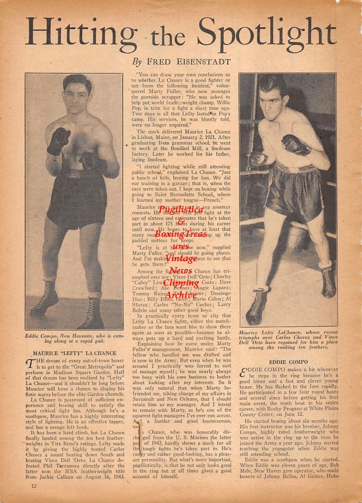 Boxing News Clipping #810 - Eddie Compo, Maurice Lefty LaChance, Lew Jenkins, Ray Lunny