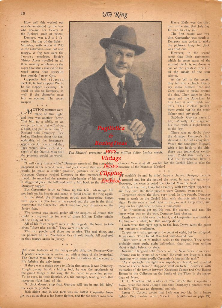 Boxing News Clipping #811 - Jack Dempsey vs. Georges Carpentier, Tex Rickard