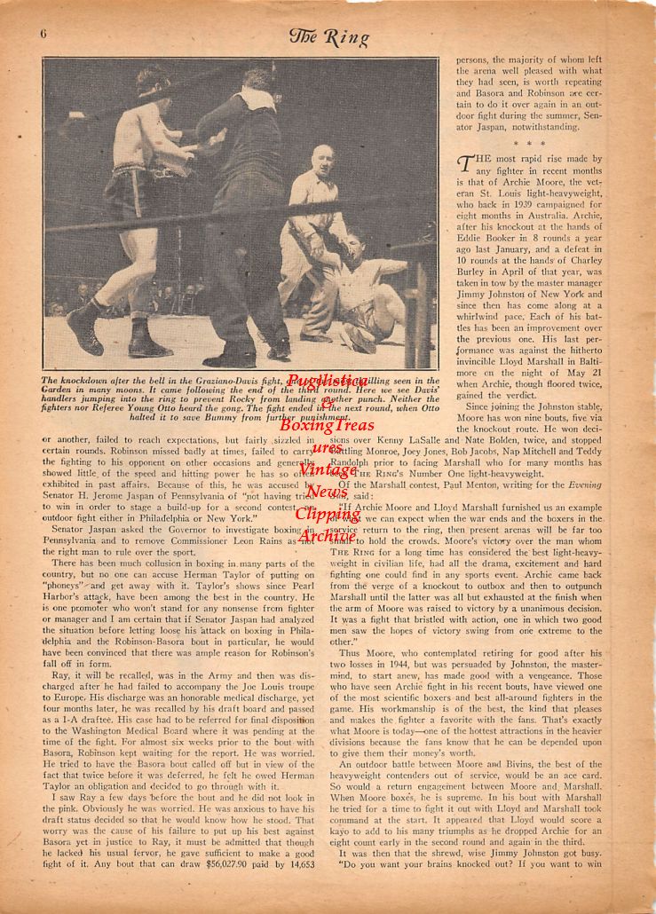 Boxing News Clipping #813 - Archie Moore, Rocky Graziano vs. Bummy Davis
