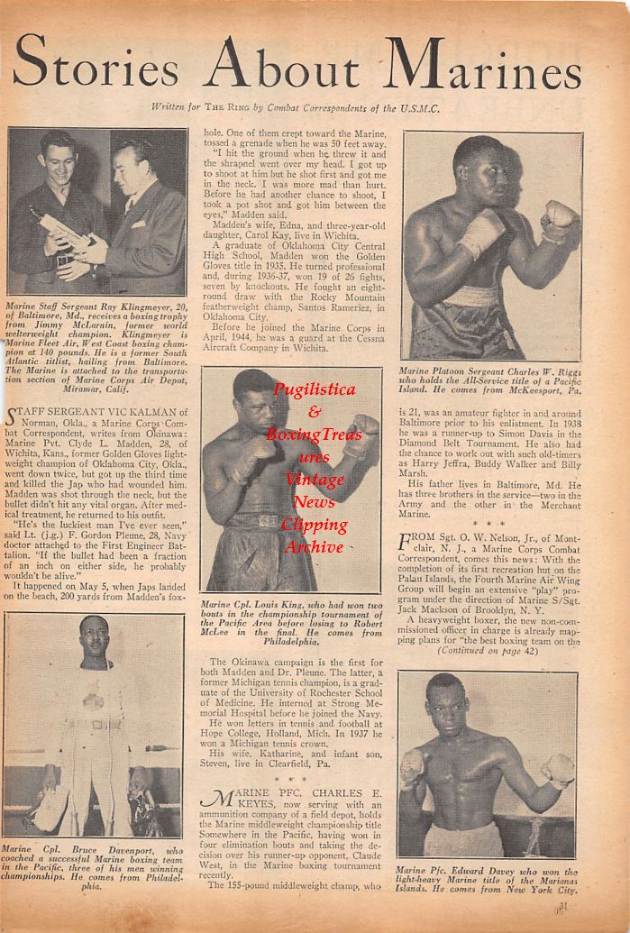 Boxing News Clipping #815 - WWII Military Boxers, Ray Klingmeyer, Louis King, Bruce Davenport, Edward Davey, Charles Riggs, Al Alfreds, Harry Day, Jackie Curran and others