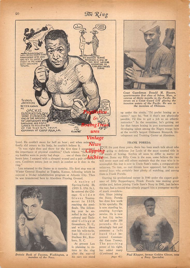 Boxing News Clipping #818 - Jackie Patterson, Donald Bievers, Donnie Bush, Paul Klepper, Lou Earl Clark, Billy Merlino, Frank Poreda