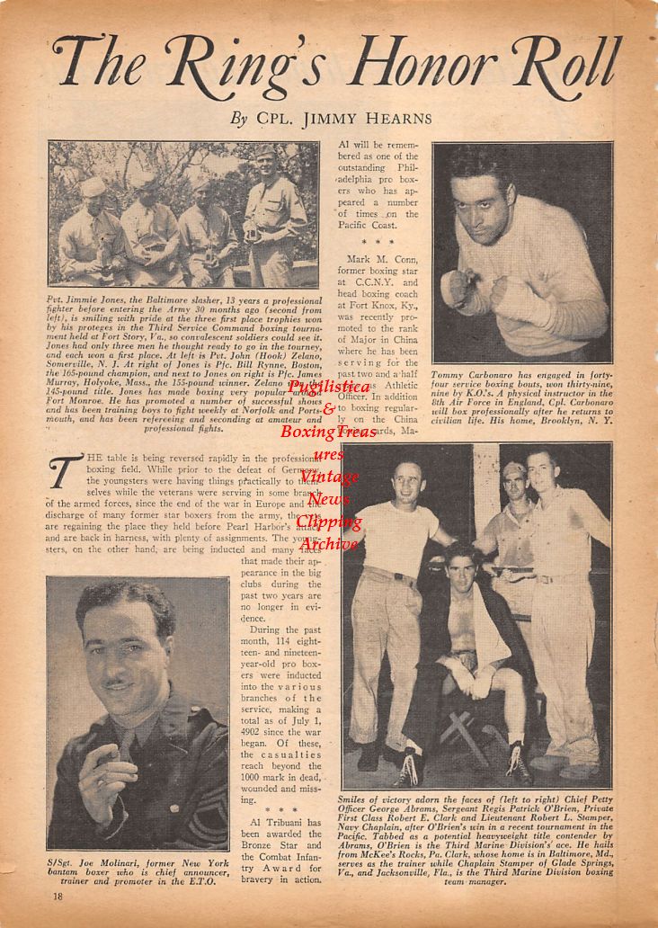 Boxing News Clipping #819 - Jimmie Jones, Tommy Carbonaro, Joe Molinari, Georgie Abrams, Patrick O'Brien, WWII Military Boxing