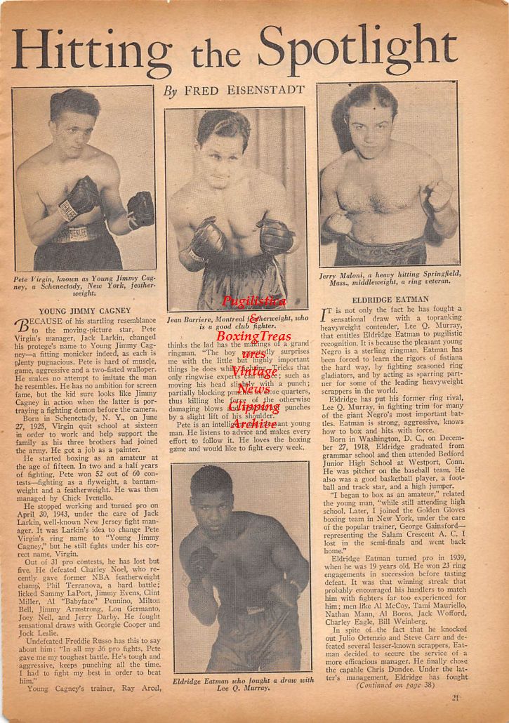 Boxing News Clipping #82 - Pete Virgin, Jean Barriere, Jerry Maloni, Eldridge Eatman, Harry Goldstein, Tommy Harkins, Norman Evenson