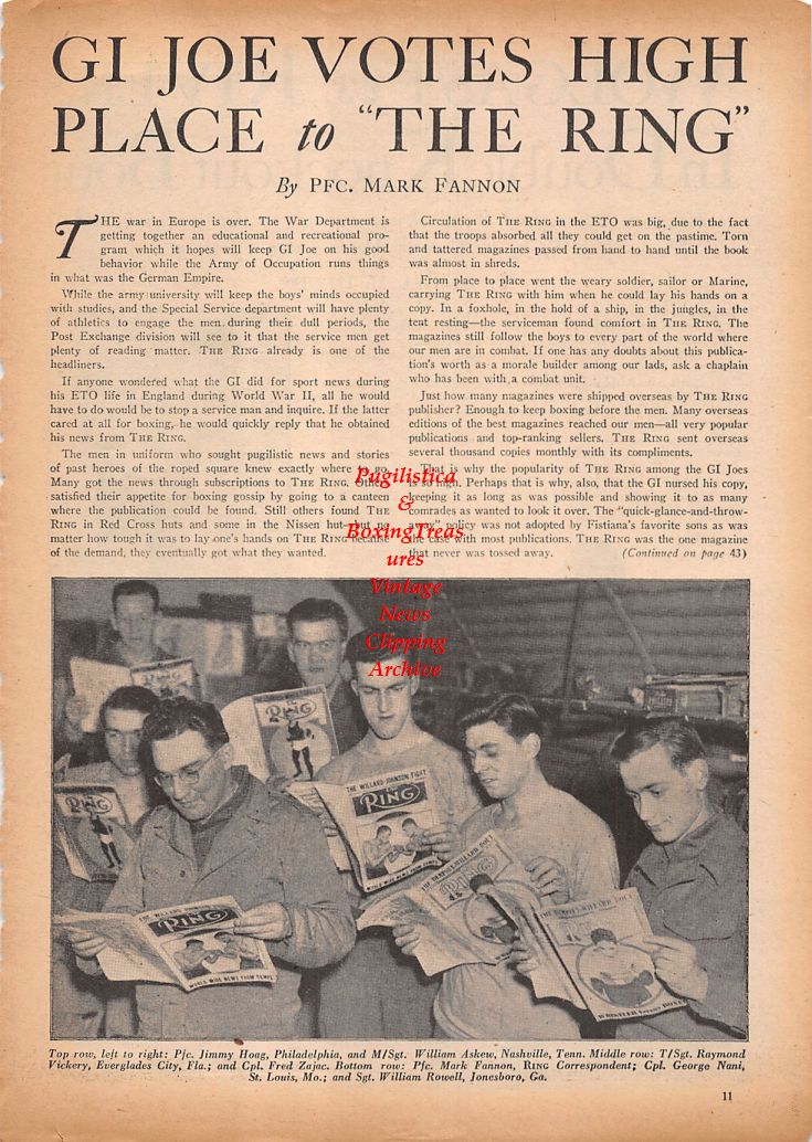 Boxing News Clipping #821 - Ad Wolgast vs. Joe Rivers, WWII GI's reading Ring Magazine