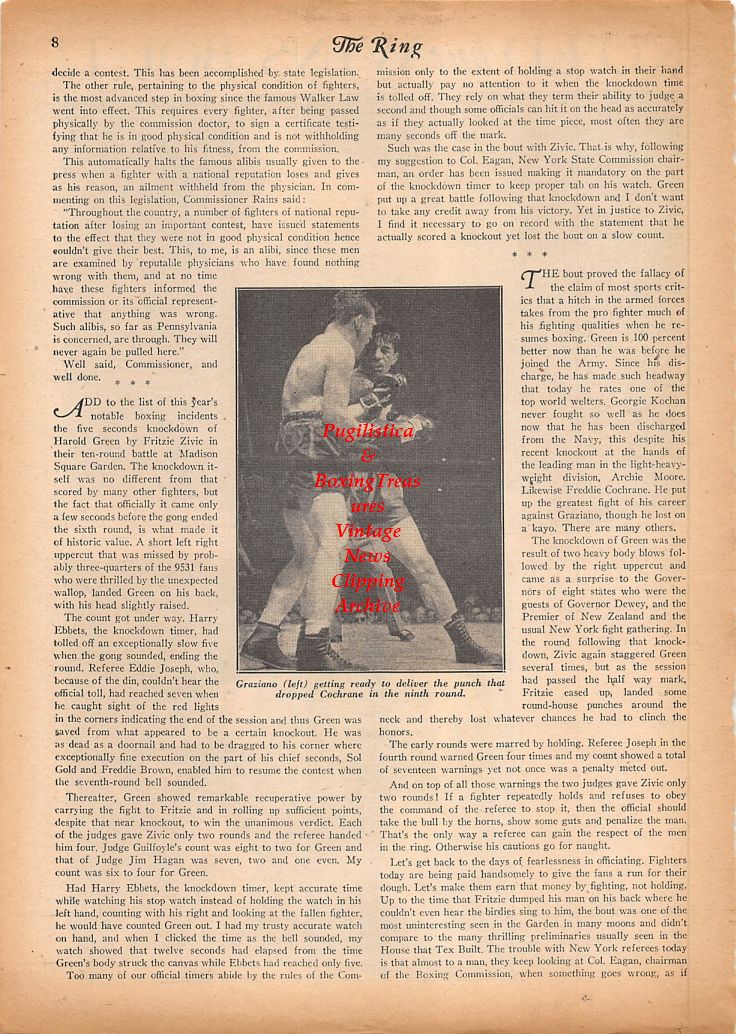 Boxing News Clipping #823 - Harold Green vs. Fritzie Zivic, Rocky Graziano vs. Freddie Cochrane