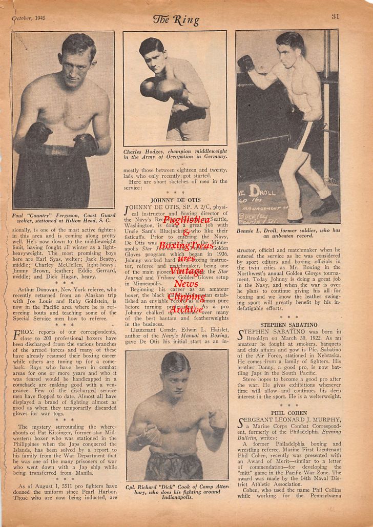 Boxing News Clipping #826 - WWII Military Boxers, Paul Ferguson, Charles Hodges, Bennie L. Droll, Dick Cook, Tony Maglione, Joseph Stefan, Lennie Garcia