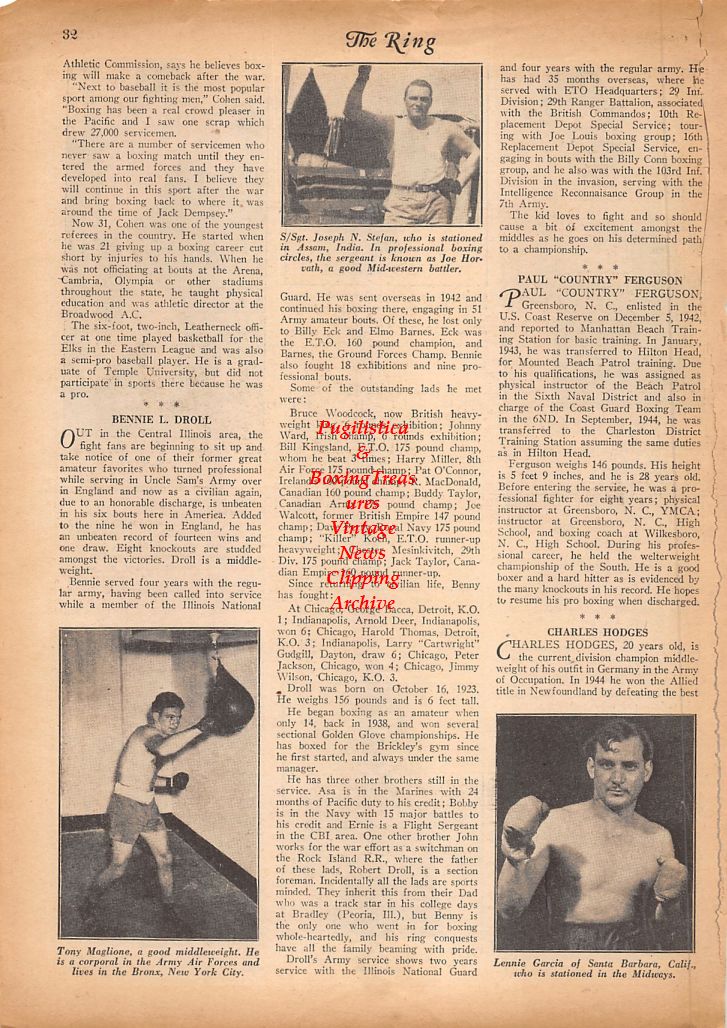 Boxing News Clipping #826 - WWII Military Boxers, Paul Ferguson, Charles Hodges, Bennie L. Droll, Dick Cook, Tony Maglione, Joseph Stefan, Lennie Garcia