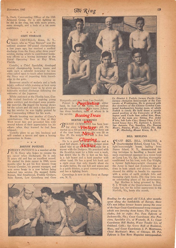 Boxing News Clipping #836 - WWII Military Boxing: Vernon Braasch, Eddie Bangs, Dimitri Tadich, Deacon Moore, Tom Ephrem and others
